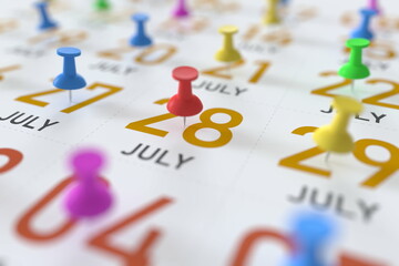 July 28 date and push pin on a calendar, 3D rendering