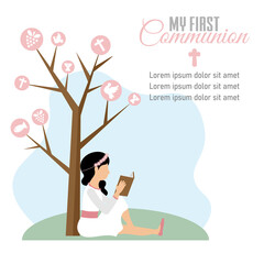 My first communion card. Girl reading leaning on a tree