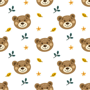 Seamless background with autumn teddy bear. Cute animal on a white background with leaves. Vector illustration. Scandinavian style. Childrens collection