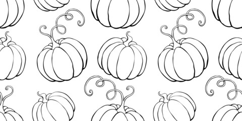 Vector seamless pattern with outline pumpkins in doodle style. Halloween or thanksgiving background and texture