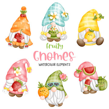 Digital painting watercolor Fruity Gnomes, summer gnome elements