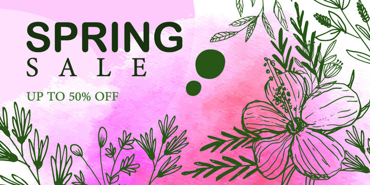 Floral sale banner in hand drawn line art style