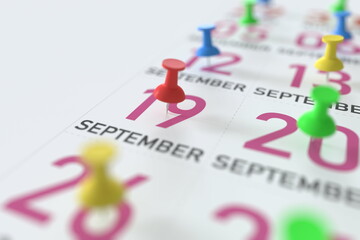 September 19 date and push pin on a calendar, 3D rendering