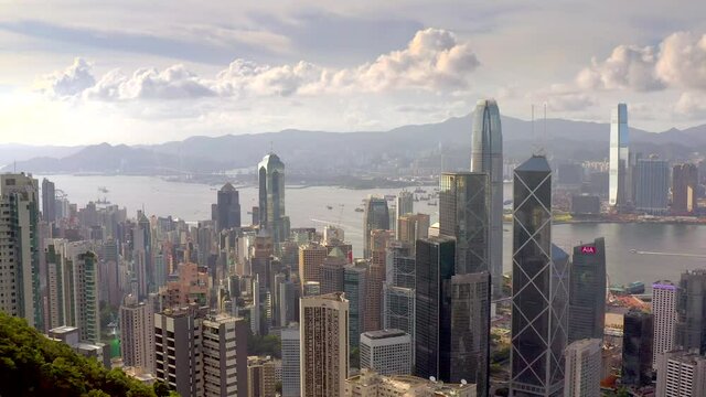 Amazing aerial footage of Victoria Harbour, Hong Kong, in evening sunset