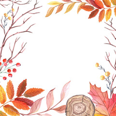 Watercolour frame with wood slide, leaves on white background. Autumn card with branch, tree rings