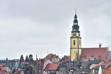 Bystrzyca Klodzka, church tower dominates the roofs of the buildings in the city center.