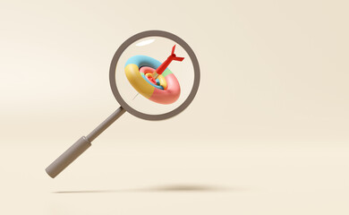 magnifying glass with target,red darts or arrow isolated on beige background,search target concept,3d illustration or 3d render