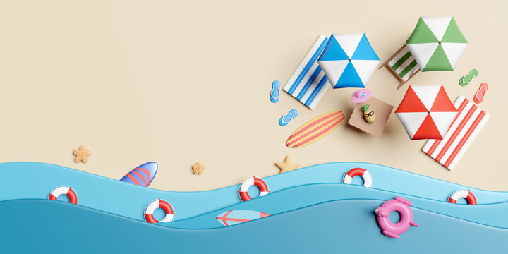 summer travel with beach chair,island,umbrella,Inflatable flamingo,sandals,lifebuoy,surfboard,rubber raft,starfish, top view background,concept 3d illustration or 3d render