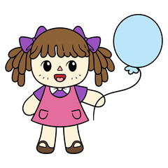 Vector Cute Doll Holding a Balloon Cartoon Illustration