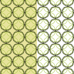 Ornamental circle outline seamless pattern in green. Stylized leaf geometric grid surface template. White or yellow gold easy editable color background. Vector