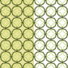 Ornamental circle outline seamless pattern in green. Stylized leaf geometric grid surface template. White or yellow gold easy editable color background. Vector