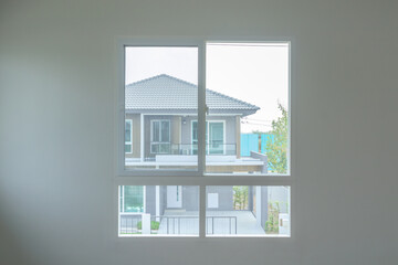 Glass window frame house interior on white wall