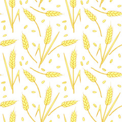 Wheat spikelets and grains, vector seamless pattern in flat style, isolated. Design of print, wrapping paper, packaging on theme of bakery products, flour, harvest, thanksgiving