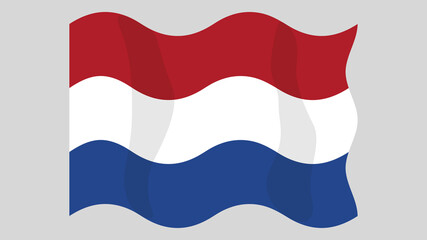 Detailed flat vector illustration of a flying flag of Netherlands on a light background. Correct aspect ratio.