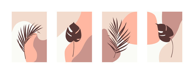 Modern minimal posters with tropical leaves and abstract organic shapes. Vector illustration.