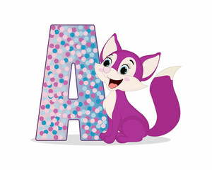 Cute Cartoon little purple fox with alphabet letter A. Perfect for greeting cards, party invitations, posters, stickers, pin, scrapbooking, icons.