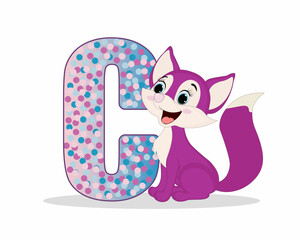 Cute Cartoon little purple fox with alphabet letter C. Perfect for greeting cards, party invitations, posters, stickers, pin, scrapbooking, icons.