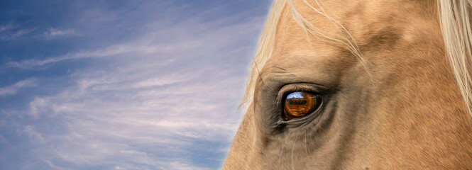 Horse portrait close up. Against the background of blue sky. Banner with place for text. Copy...