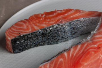 Lomos de Salmón crudo en plato blanco. Concepto gastronomía minimalista. Textura piel de pescado.
