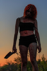 Woman with bloody knife - 454051371