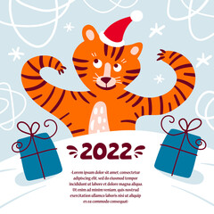 Vector colorful poster with cartoon tiger that prepares gifts, surprise,  present. Background with symbols of Happy New Year