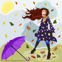Vector isolated illustration of young long-haired woman walking outdoors in windy weather among autumn leaves. The wind tore the umbrella from her hands 