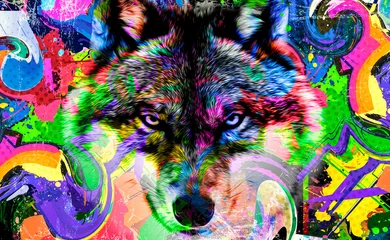 Tuinposter Wolf head with creative abstract colorful spots elements on white background © reznik_val