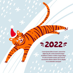 Vector poster with jumping tiger. Cartoon background with symbol fo Happy New Year. Poster for use in design