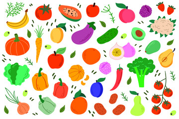Vector set of fruits and vegetables. Healthy food
