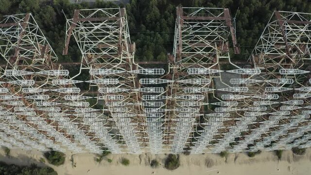 Top drone view of Duga horizon radar systems in Chernobyl, Ukraine. Soviet over-the-horizon military radar station also known as Russian woodpecker
