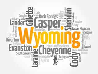 List of cities in Wyoming USA state, word cloud concept background