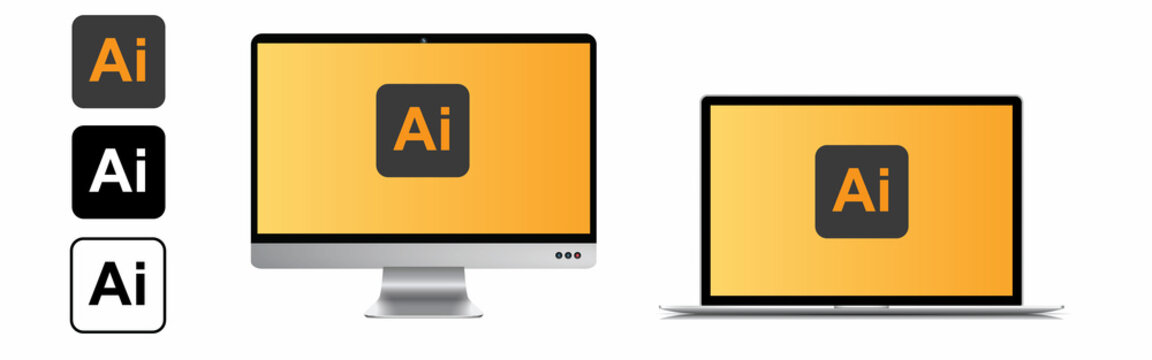 Adobe Illustrator logo on laptop computer and tablet screen. Isolated Illustrator App logos on devices on white background. Realistic mockup design. Vector illustration