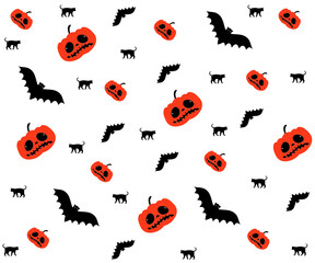 halloween background pattern with cats, pumpkins and bats