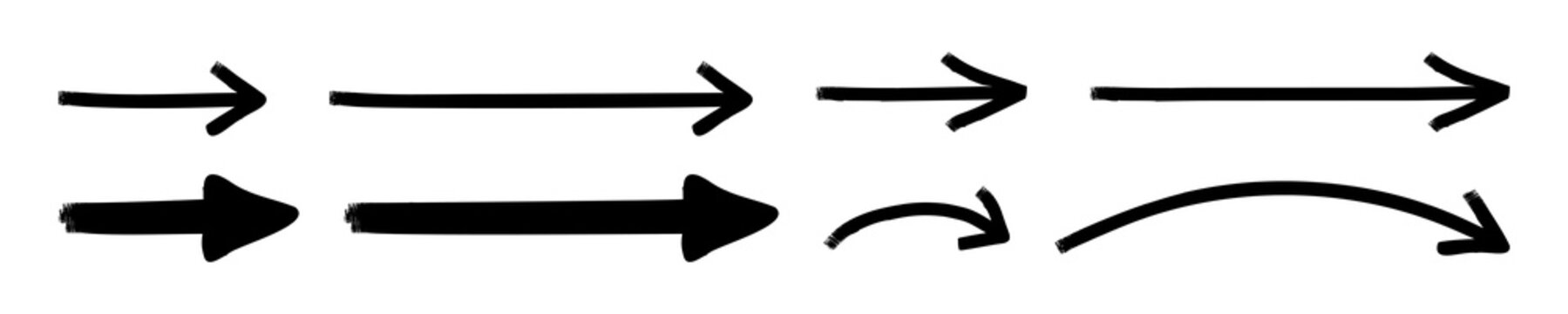 arrow handdrawn whiteboard marker pen black vector set. highlighter arrow sign isolated on white background