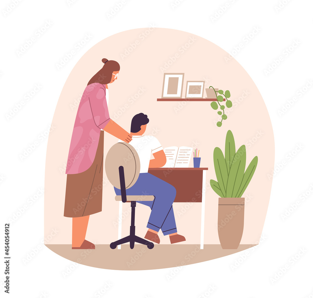 Poster parent supporting child in doing homework and studying. mother helping and cheering school kid for l