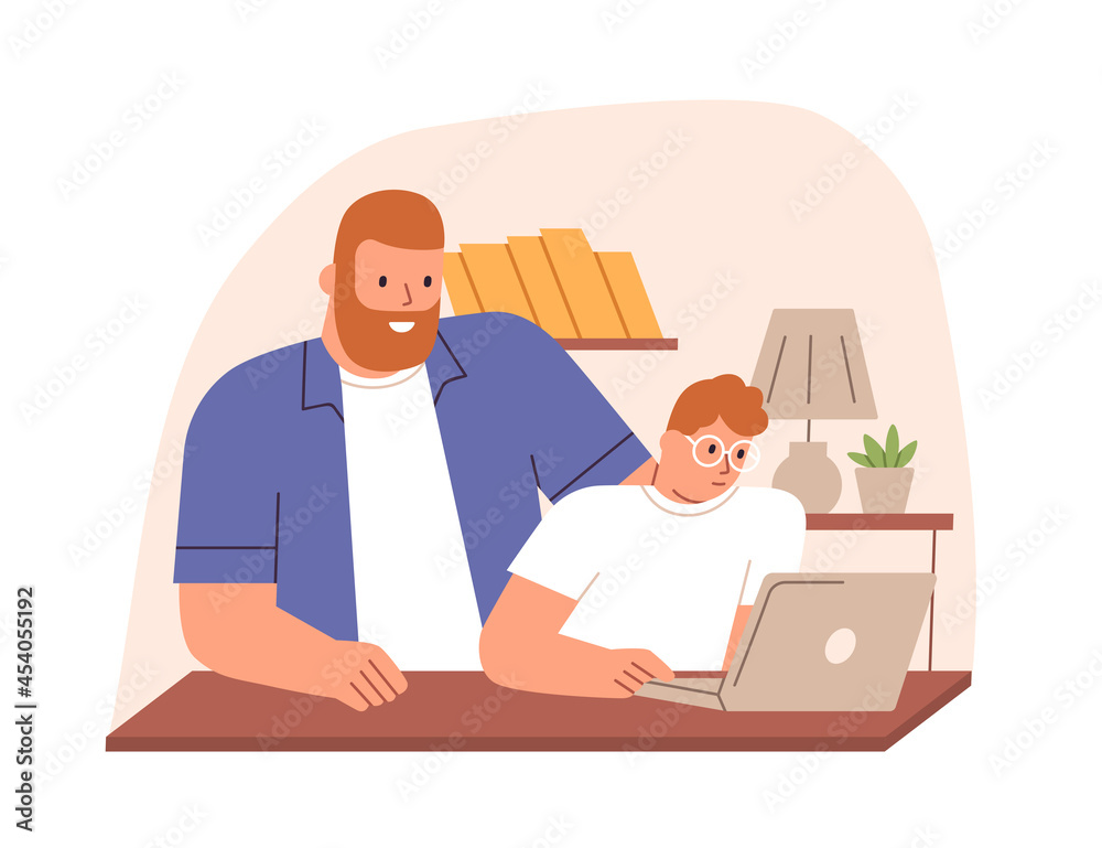Poster parent and child sitting at laptop at home together, studying and doing homework. father helping and