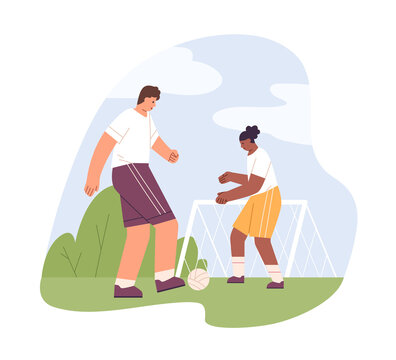 Father and kid playing soccer together. Dad and child with ball outdoors. Active biracial parent and daughter during football game in nature. Flat vector illustration isolated on white background