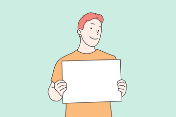 Young men holding blank white paper. Hand drawn style vector design illustrations.	