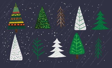 Vector hand drawing trendy abstract illustrations of holiday card of Merry Christmas and Happy New Year 2022 with christmas tree, winter forest and lettering.