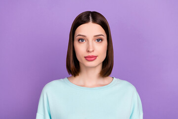 Photo portrait serious girl wearing blue sweatshirt isolated pastel violet color background