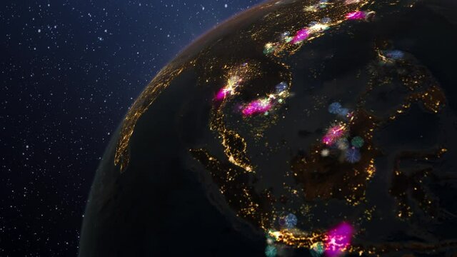 Happy new year fireworks above cities. Planet Earth from space. 3d rendering