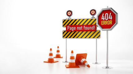 404 web page not found error signboard and traffic cones. 3D illustration - obrazy, fototapety, plakaty