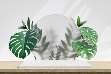 Cosmetic display product stand, Wood white podium with green leaf plant and circle glass on wood top table background. 3D rendering illustration