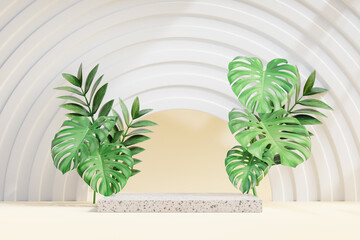 Cosmetic display product stand, Marble block podium with green leaf plant and circle wall. 3D rendering illustration