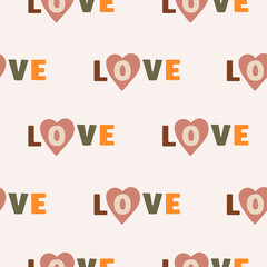 Vector seamless pattern with the word love and hearts on pastel background. Trendy design for valentine's day, wedding, love theme, textile, wallpaper, wrapping paper	