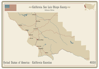 Map on an old playing card of San Luis Obispo county in California, USA.