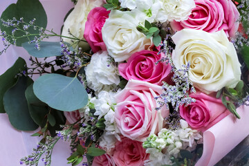Sweet rose  bouquet decorative with flower and green leaf for pink white valentine day background