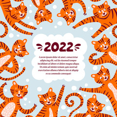 Vector cartoon poster with cute tigers in movements. Colorful background on the theme of Hapy New Year, holiday, party, celebrations, winter