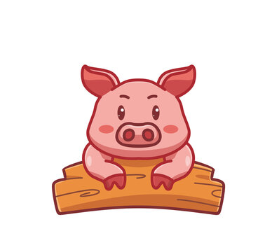cute pig on the wooden board. cartoon animal nature concept Isolated illustration. Flat Style suitable for Sticker Icon Design Premium Logo vector. Mascot Character
