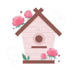 Wooden birdhouse decorated with flowers. Garden birdhouse for feeding birds. Vector illustration